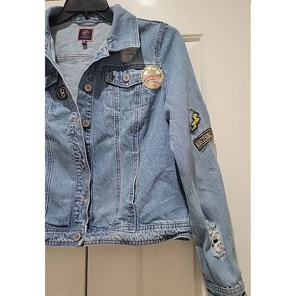 Boom Boom Jeans Women’s XL Denim Jacket Distressed Patches Boho Y2K Light Wash - Picture 2 of 8